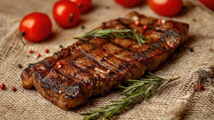 grilled steak on burlap background. selective focus