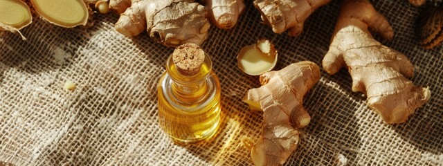 essential oil of ginger on the background of burlap top view