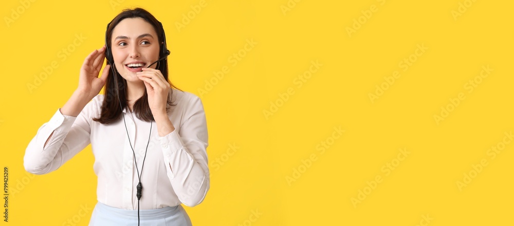 Poster female technical support agent in headset on yellow background with space for text