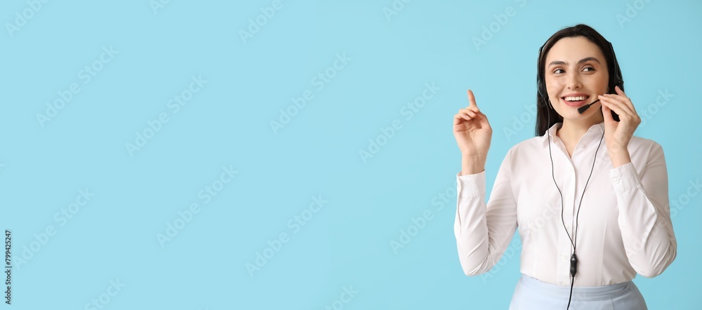 Poster female technical support agent in headset showing something on blue background with space for text