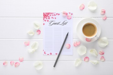 Guest list, pencil, coffee and petals on white wooden table, flat lay. Space for text