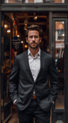 Confident Businessman in Urban Setting - Elegant Man in Suit Outside Café