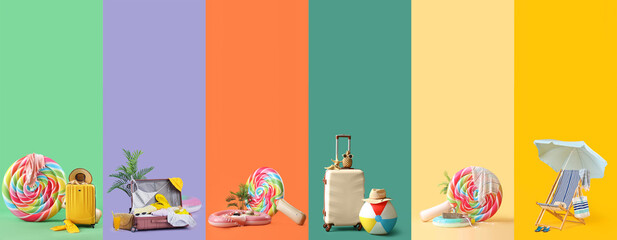 Set of travel and beach accessories on color background