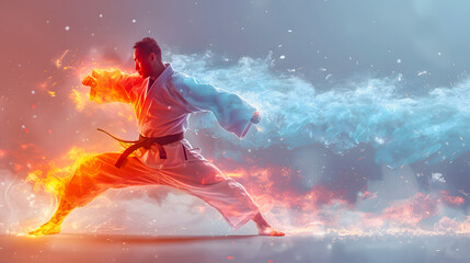 Naklejka premium Silhouette of a judo athlete while preparing for a fight on a multi-circled background. Olympic discipline.