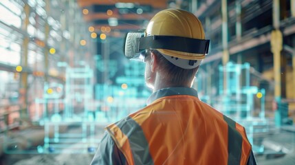 CuttingEdge Augmented Reality Technology Enhances Civil Engineering Visualization for Safer and More Efficient Infrastructure Development Rear View of Engineer Using AR Against Digital Blueprint