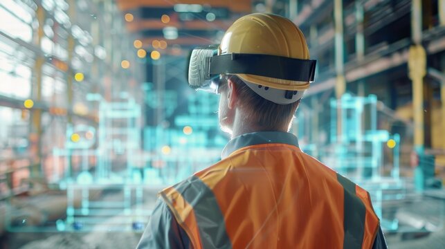 CuttingEdge Augmented Reality Technology Enhances Civil Engineering Visualization for Safer and More Efficient Infrastructure Development Rear View of Engineer Using AR Against Digital Blueprint - Powered by Adobe