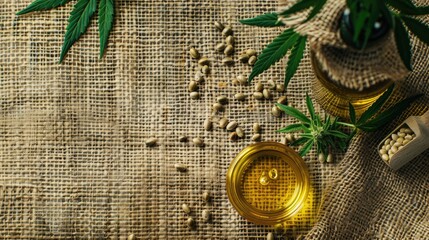 hemp essential oil on the background of burlap, top view