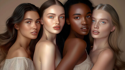 Obraz premium Four women with different hair types and skin tones, wearing light-colored tops, standing together, ai generative