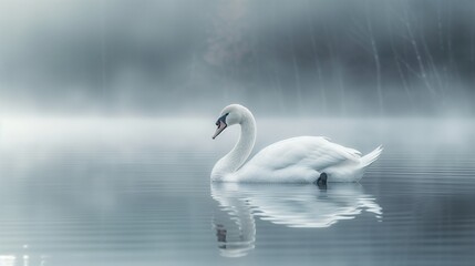 Graceful Swan in Misty Lake - Realistic - Powered by Adobe