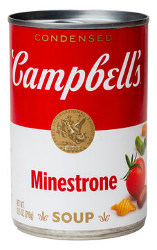 Tin can of Campbell's brand minestrone soup isolated on a transparent background