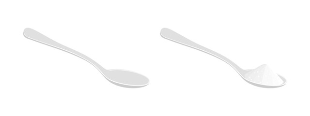 Spoon empty and full with with salt, sugar or sweetener. Teaspoon with powder isolated on white background. Cooking ingredients. Making tea or coffee concept. Vector flat illustration.