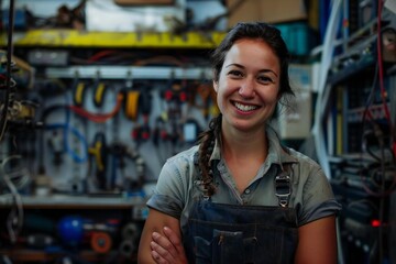 Empowered and Energized: Female Electrician Smiling in Workshop