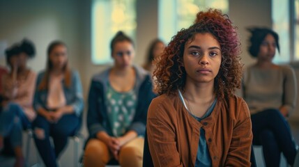 Fototapeta premium Thoughtful young adult in a moment of contemplation amidst a group.