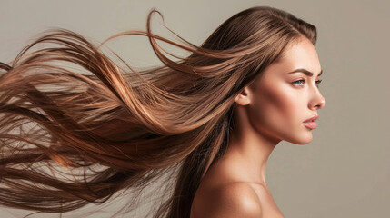 Naklejka premium Blonde beauty with dynamic hair movement and a subtle, minimalistic background