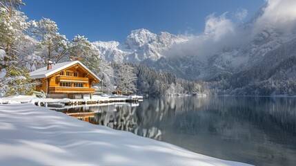 Cabin on a Lake Surrounded by Snow-Covered Mountains