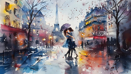 Whimsical watercolor painting of a couple dancing in the rain on the streets of Parisar74v60 Generative AI