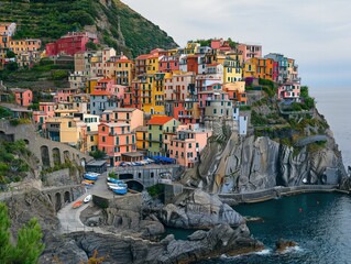A colorful town with a blue bridge and boats on the water. The houses are painted in different colors and the town is surrounded by a rocky cliff
