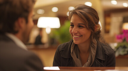 Happy hotel manager talking to guest at reception