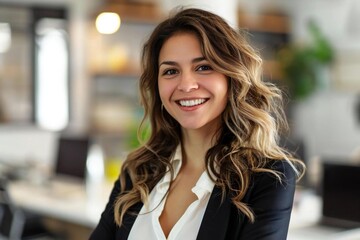 Fototapeta premium Confident and Approachable: Portrait of a Smiling Female Public Relations Specialist in Her Office