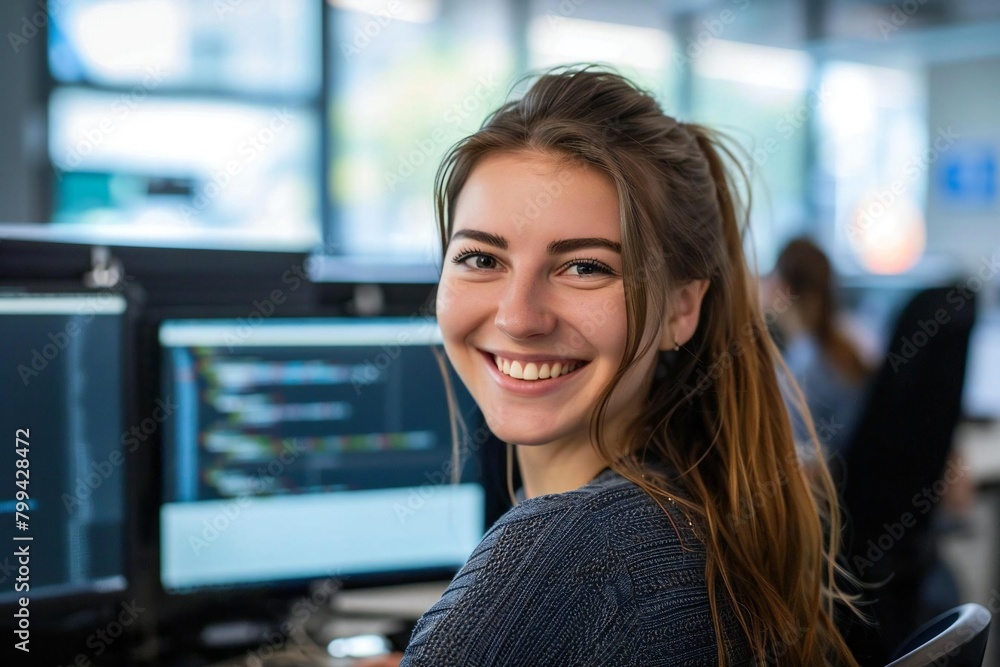 Aufkleber the joy of coding: portrait of a happy female developer