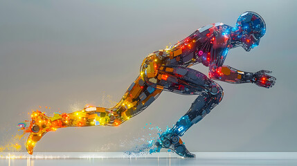  Abstract illustration Silhouette of an athlete - sprinter running at high speed. The concept of victory and winning. Olympic Games. Olympic discipline. A colorful glow behind the figure.