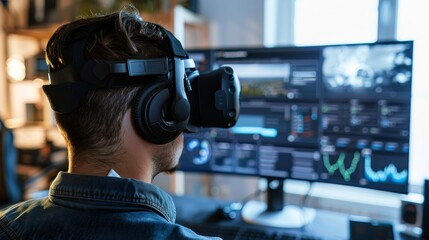 Immersive Virtual Reality Development Programmer Engaged in VR Scripting and Simulation Rear View Technology Concept