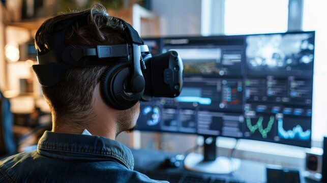 Immersive Virtual Reality Development Programmer Engaged in VR Scripting and Simulation Rear View Technology Concept