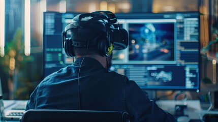 Immersive Virtual Reality Development Programmer Engaged in VR Scripting and Simulation Rear View Technology Concept