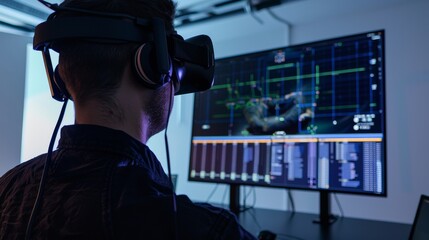 Immersive Virtual Reality Development Programmer Engaged in VR Scripting and Simulation Rear View Technology Concept