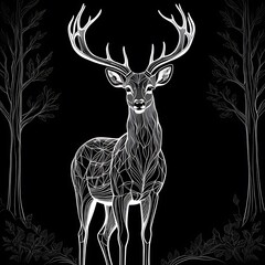 Deer. Sketchy, black and white, hand-drawn portrait of a deer's