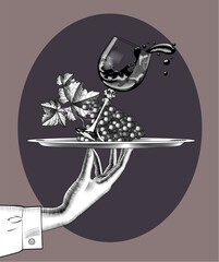 A woman's hand holds a round tray with a glass of splashed wine and a bunch of grapes in round frame. Drawing in vintage black and white engraving style. 
Vector illustration