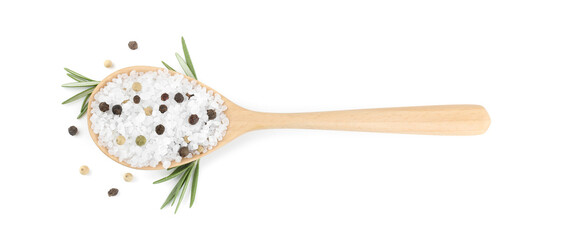 Salt with rosemary and peppercorns in spoon isolated on white, top view