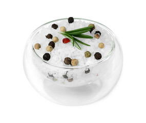 Salt with rosemary and peppercorns in bowl isolated on white