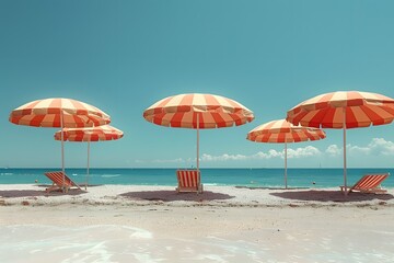 Striped Beach Umbrellas and Lounge Chairs on Sandy Shore