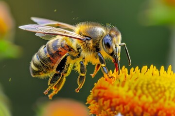 A stunning bee resting on a sunlit orange flower, highlighting the intricate patterns of its wings and body