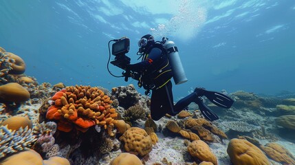 Naklejka na ściany i meble Exploring the Depths Diver Capturing 3D Coral Maps for Conservation Efforts