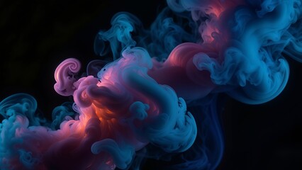 Abstract background made of colourful blue and pink billows of smoke on black background.