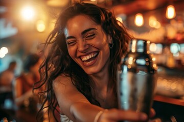 A joyful female bartender is shaking a cocktail in a lively bar environment, exuding energy and fun