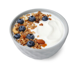 Bowl with yogurt, blueberries and granola isolated on white