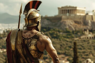 The back of a Spartan warrior's muscular form is depicted as he gazes over the ancient city, a symbol of power and guardianship