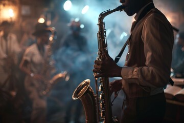 An impassioned saxophonist takes center stage, his instrument gleaming in the spotlight, capturing the essence of a live jazz performance