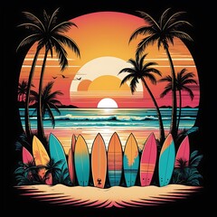 Ocean beach with surfboards. Surfing on the island against the background of mountains and palm trees.