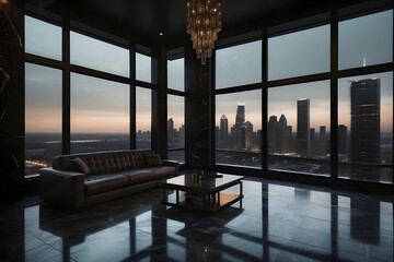 An urban view from the windows of an industrial loft apartment, capturing the dynamic cityscape and the energy