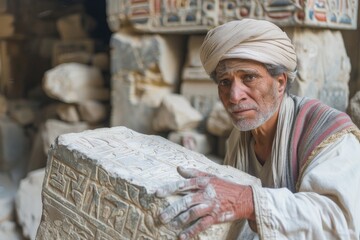 An artisan in traditional attire examines a handcrafted Egyptian artifact with hieroglyphs at a workshop - obrazy, fototapety, plakaty
