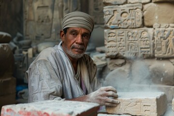 A focused worker shapes a stone block with Egyptian hieroglyphs in a dusty workshop setting - obrazy, fototapety, plakaty