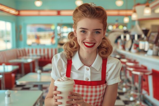 A cheerful retro-style waitress in a vintage diner holds a milkshake with a welcoming smile