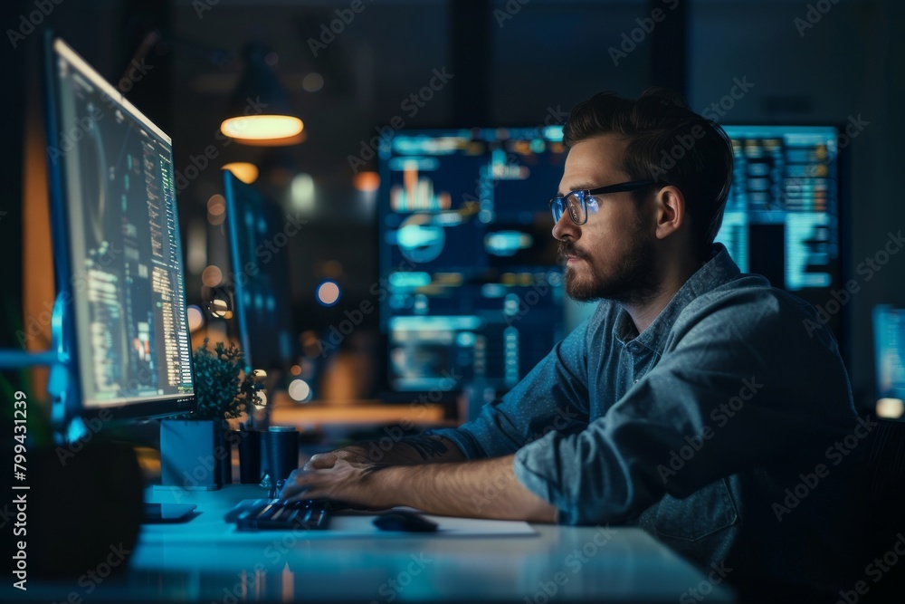 Fototapete An image showing an immersed programmer with intense focus while coding on multiple screens in a dark, modern workspace at night
