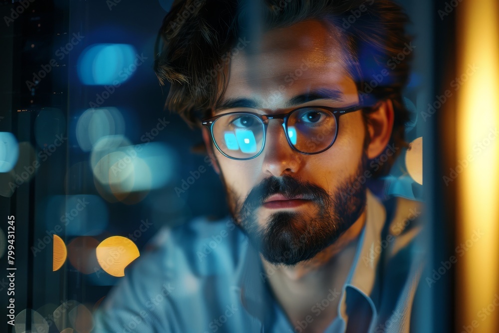 Fototapete a focused man is seen working after hours in a dimly lit office space, illuminated by the soft glow 