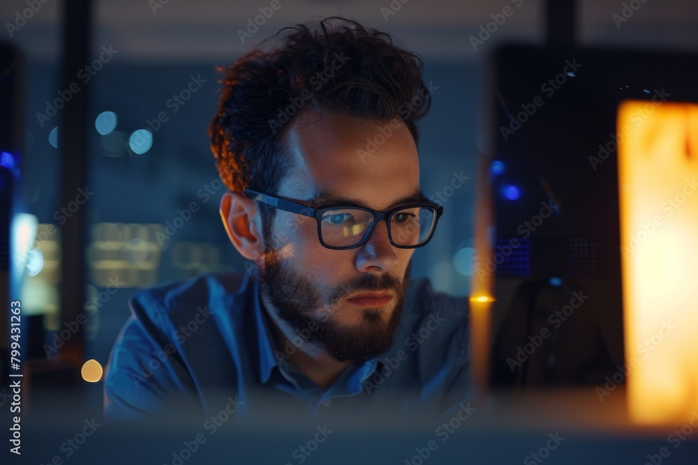 Poster Pictured is the back view of someone engrossed in work on a computer, highlighted by ambient lighting and a nighttime setting