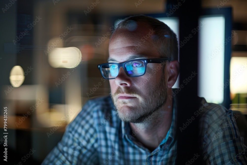 Poster An image showcasing a professional analyzing data on multiple screens in a dark office, depicting late-night dedication to work